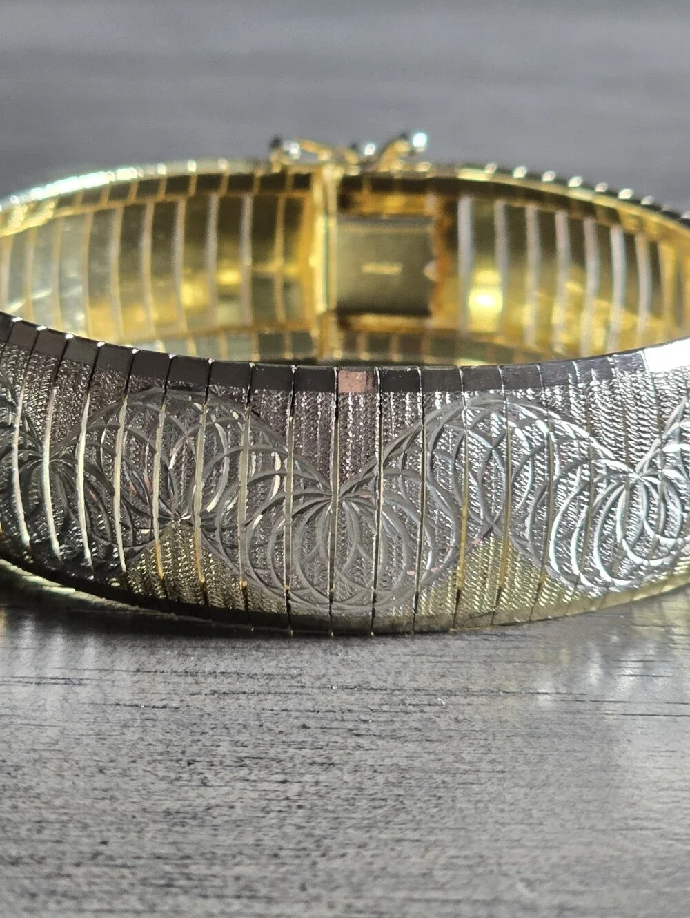 Vintage Italian Wide Flexible Tri-tone Vermeil and Sterling Silver Bracelet